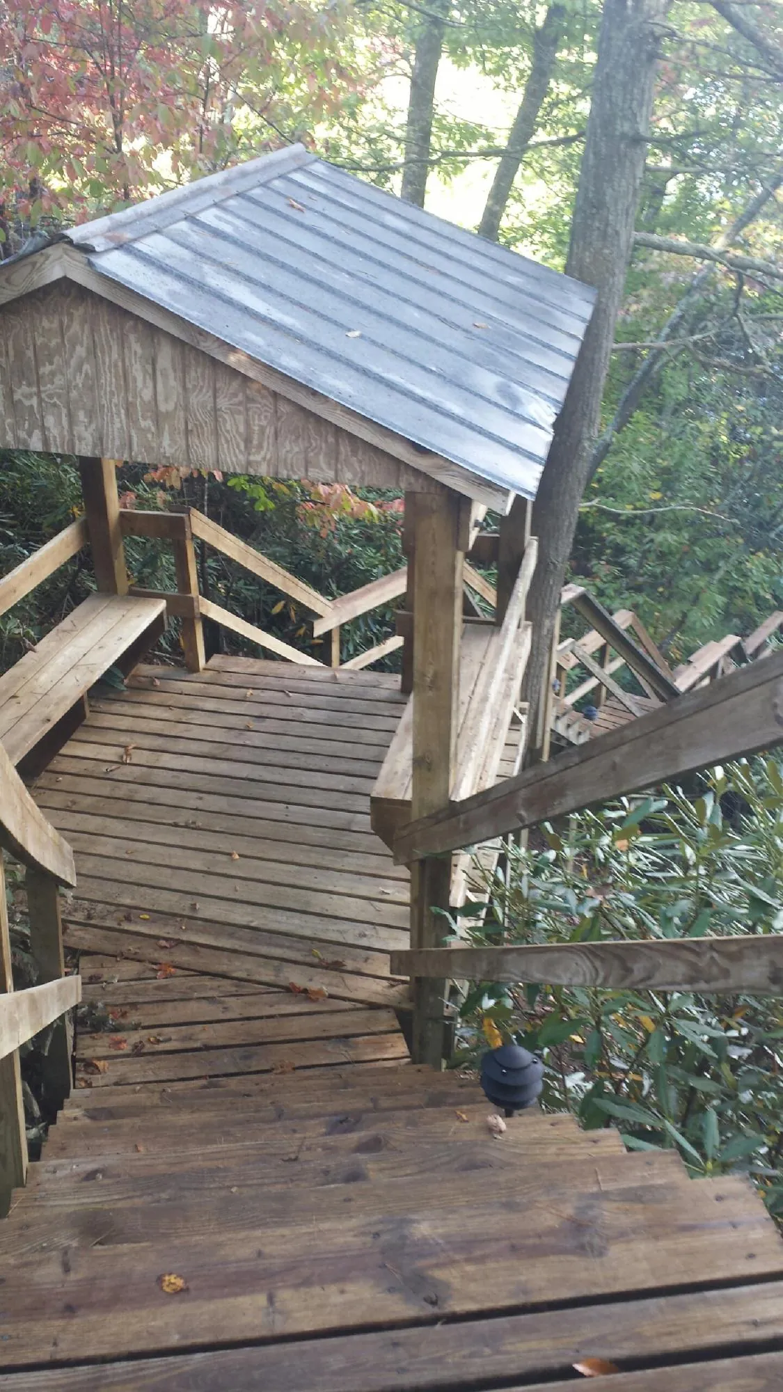 Metal roofed shelter over wooden steps on a wooded walkway — Skylight Repair & Installation work by our crew in Tioga